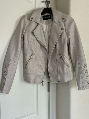 GUESS Beige Faux Leather Moto Jacket with Lace-Up Sleeves
